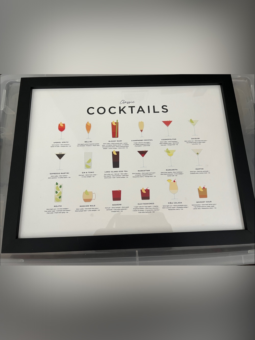 Framed Classic Cocktails Recipe Wall Art Print - Minimalist Drink Chart 13x17"